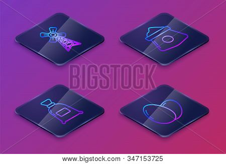 Set Isometric Line Windmill, Bag Of Flour, Bag Of Flour And Chicken Egg. Blue Square Button. Vector