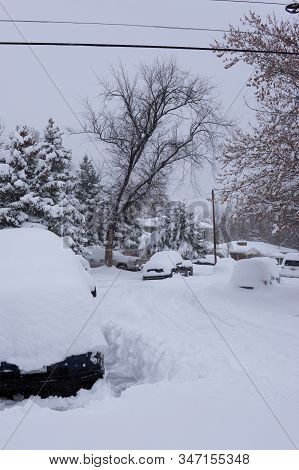 Snowy Streets Cars Covered In Snow After Winter Storm