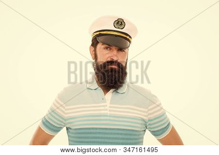 In Calm Sea Every Man Is Pilot. Sailor Man Isolated On White. Bearded Man In Striped Blue. Naval Man