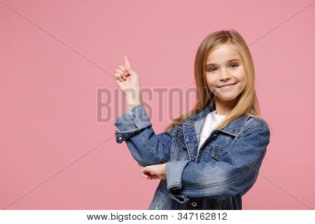 Pretty Little Kid Girl 12-13 Years Old In Denim Jacket Isolated On Pastel Pink Background Children S