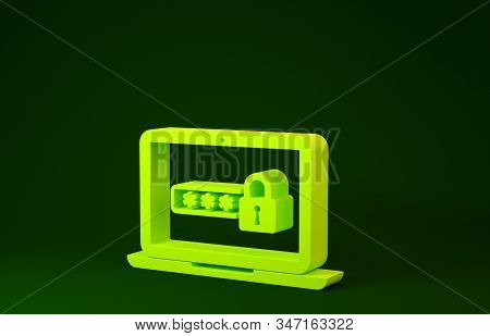 Yellow Laptop With Password Notification And Lock Icon Isolated On Green Background. Security, Perso