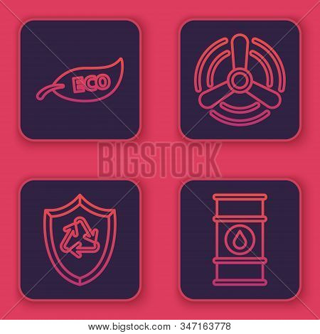 Set Line Leaf Eco Symbol, Recycle Symbol Inside Shield, Wind Turbine And Oil Barrel Line. Blue Squar