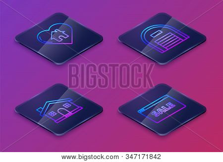 Set Isometric Line House With Heart Shape, House, Warehouse And Hanging Sign With Text Online Sale. 