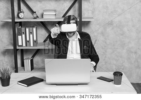 Virtual Work Space. Businessman Explore Virtual Reality. Interact In Virtual Reality. Man Formal Sui