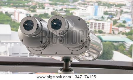 The Close Up Of Public Binocular Telescope (binoscope) On Top View Of The Korat City Town Landscape 