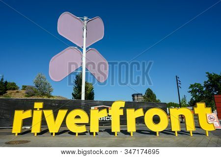 Spokane, United States: August 1, 2019: River Front Sign In Spokane, Washington In Public Space