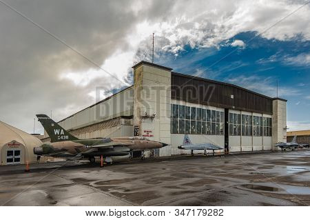 Oahu, Hawaii, Usa. - January 10, 2020: Pearl Harbor Aviation Museum. 3 Fighter Jets Outside Hangar 7