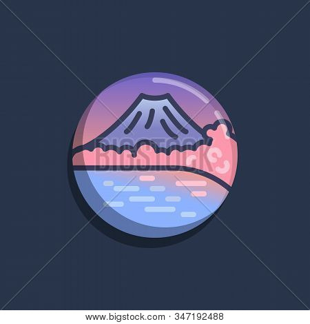 Island With Mountain And Lake Flat Icon. Round Colorful Button, Volcano Mountain Landscape Circular 