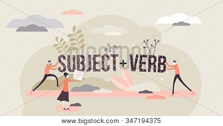 Sentence Structure With Subject And Verb, Flat Tiny Persons Concept Vector Illustration. Learning La