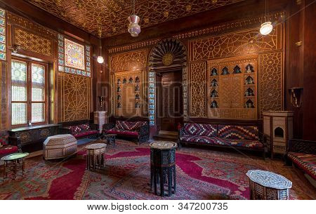 Cairo, Egypt- August 26 2018: Manial Palace Of Prince Mohammed Ali. Guests Hall With Wooden Ornate C