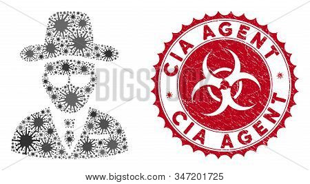 Coronavirus Collage Agent Icon And Round Grunge Stamp Seal With Cia Agent Phrase. Mosaic Vector Is C