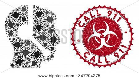 Coronavirus Mosaic Call Center Operator Icon And Round Rubber Stamp Watermark With Call 911 Caption.