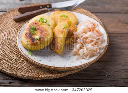 Salvadoran Pupusa Served With Curtido  On Board. View From Above