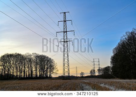 Power Line Through Field In Kumla Sweden