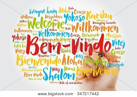 Bem-vindo (welcome In Portuguese) Word Cloud With Marker In Different Languages, Conceptual Backgrou