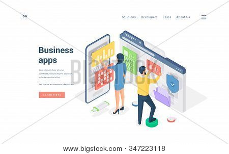 Business People Browsing Modern Apps. Isometric Vector Illustration