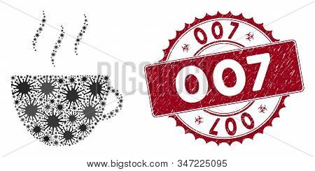 Coronavirus Mosaic Coffee Cup Icon And Rounded Corroded Stamp Watermark With 007 Text. Mosaic Vector