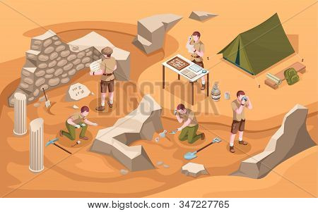 Archeology Isometric Excavation Or Archeologist At Work. Archaeology Job Or Archaeologist Near Ancie