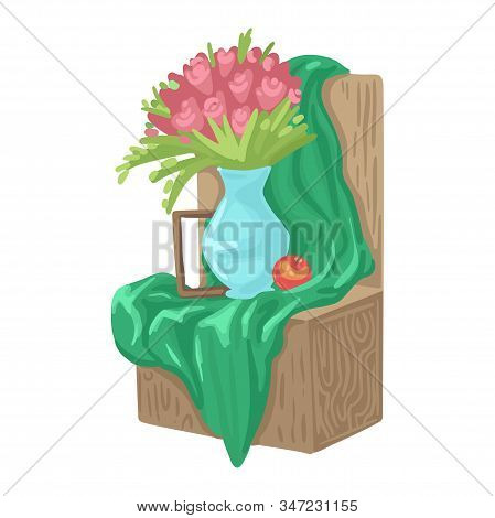 Still Life With A Vase And Flowers. Pupillary Still Life, Drapery Fabric. Vector Illustration Of Obj
