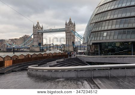 London, England - November 2019. Autumn View At Tower Bridge And Modern, Futuristic Building Od Lond