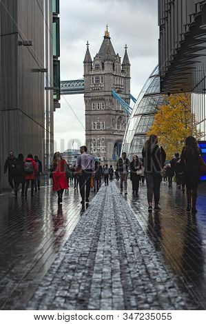 London, England - November 2019. One Tower Of Famous Tower Bridge And City Hall Seen From More Londo