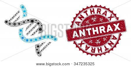 Coronavirus Mosaic Dna Spiral Icon And Rounded Corroded Stamp Watermark With Anthrax Text. Mosaic Ve