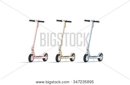Blank Colored Electric Scooter Mockup Set, Front View, 3d Rendering. Empty Pink, Yellow And Blue Inn