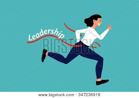 Business Woman Running Crossing Red Ribbon At Finish, Concept Of Leadreship. Flat Vector Illustratio