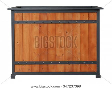 Wooden jardiniere stand for plants with metal steel frame isolated on white background