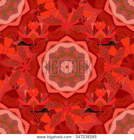 Vector Illustration. Seamless Pattern With Floral Ornament. Flowers On Red, Pink And Orange Colors.