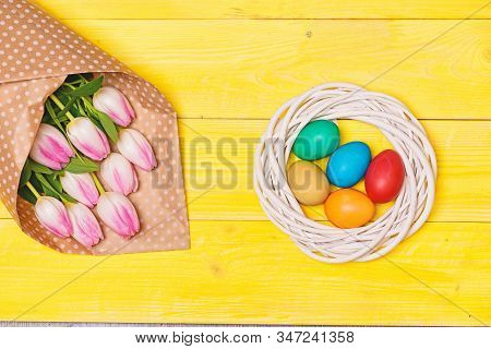 Happy Easter Season. Easter Eggs Symbol. Spring Vibes. Easter Is Coming. Colorful Bright Eggs And Bo