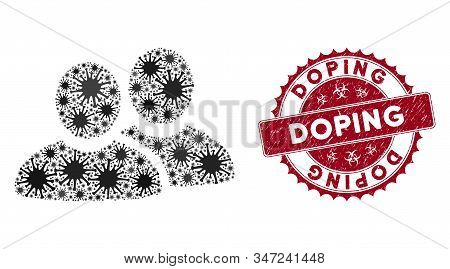 Coronavirus Mosaic Men Icon And Rounded Distressed Stamp Seal With Doping Caption. Mosaic Vector Is 
