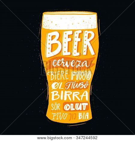 Pub Poster With Beer Word In Different Languages. Spanish Cerveza, Russian Pivo, French Biere, Finni