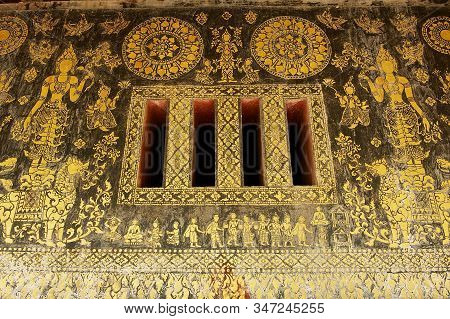 Luang Prabang, Laos - April 14, 2012: Wall Decoration In Xieng Thong Temple In Luang Prabang, Laos. 