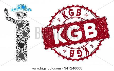 Coronavirus Mosaic Gentleman Hitchhike Icon And Rounded Rubber Stamp Seal With Kgb Caption. Mosaic V