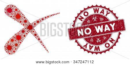 Coronavirus Mosaic Erase Icon And Rounded Distressed Stamp Watermark With No Way Phrase. Mosaic Vect