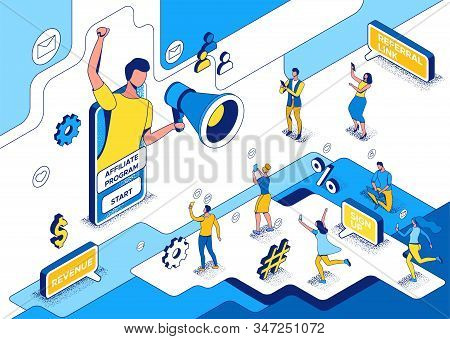 Influencer Standing With Megaphone And Refer A Friend To Affiliate Program, Blogger And Followers, P