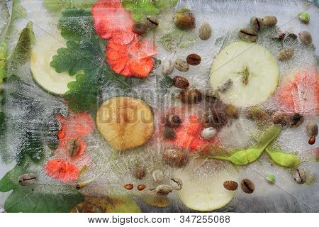 Background Of    Black Coffee Beans, Red Small Apple, Flower Of Pelargonium And Red And Green  Leave
