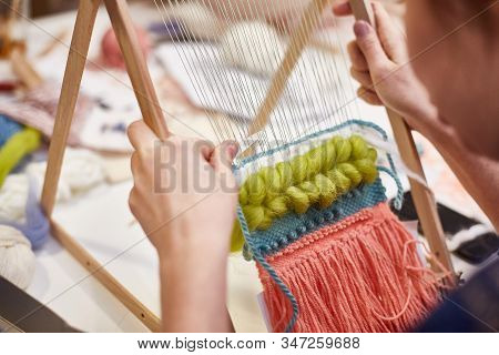 Hobbies. Womens Hand. Weaving Loop. Wool Carpet.