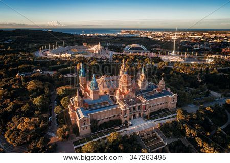 National Art Museum of Catalonia aerial view at sunrise in Montjuic Barcelona