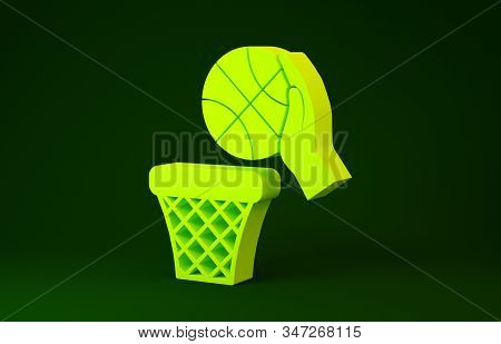 Yellow Hand With Basketball Ball And Basket Icon Isolated On Green Background. Ball In Basketball Ho