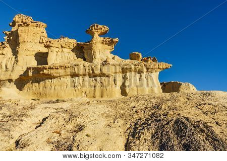 The Enchanted City Of Bolnuevo, Eroded Yellow Sandstone Formations, Murcia Spain. Tourist Attraction