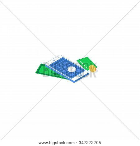 Isometric Phone With Payment Application. Vector Illustration Money Exchange And Trade App