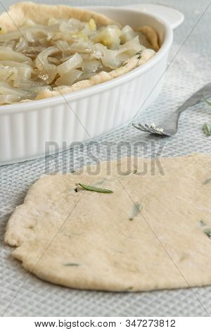 Cooking Italian Schiacciata With Vegetables And Onion, Homemade Bakery Themes, Culinary And Food Con