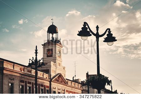 Bell tower of Royal House of the Post Office (Real Casa de Correos) in Puerta del Sol in Madrid, Spain.