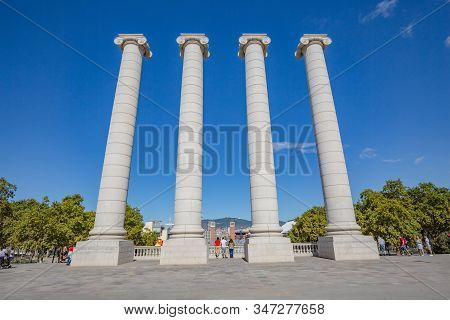 Barcelona, Spain - October, 2019: View Of Four Columns - Les Quatre Columnes - Ionic Columns Near Na