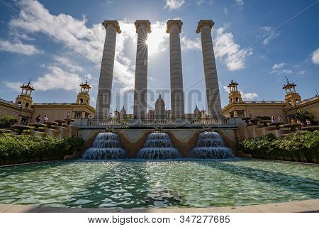 Barcelona, Spain - October, 2019: View Of Four Columns - Les Quatre Columnes - Ionic Columns Near Na