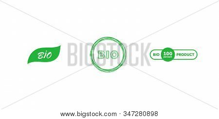 Set Of Bio 100 Percent Product Handwritten Green Leaf Badge And Rounded Rectangle Sign. Design Eleme