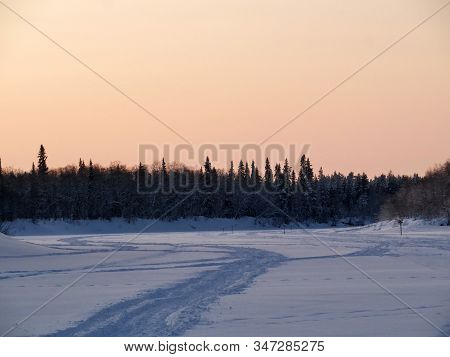 Frozen River Ivalo In Lapland Winter Afternoon