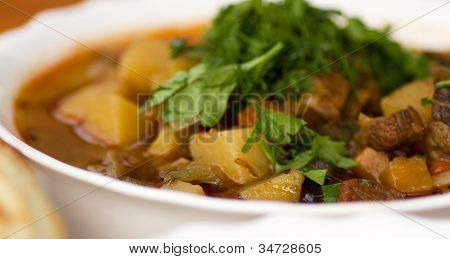 수프 lagman 그린 장식의 클로즈업
